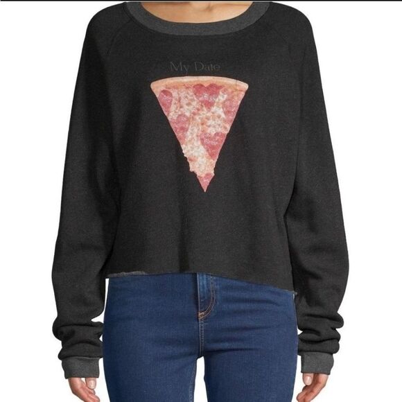 WILDFOX Monte My Date Pizza Crop Raw Edge Hem Raglan Sleeve Pullover Crewneck - Picture 2 of 9